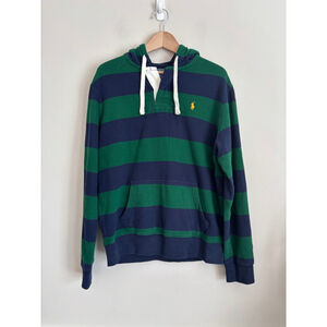 Vintage Polo by Ralph Lauren Mens L Green Navy Striped Ruby Style Hoodie Preppy